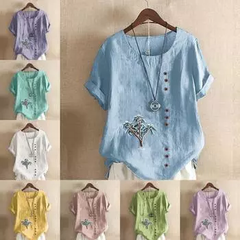 Женская модная футболка с круглым вырезом и коротким рукавом с принтом дерева, повседневная хлопково-льняная рубашка с рисунком, свободная летняя блузка для отдыха, топы S розовый