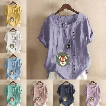 Женская модная футболка с круглым вырезом и коротким рукавом, повседневная хлопковая льняная рубашка с графическим принтом, летняя блузка с принтом льва, топы S розовый