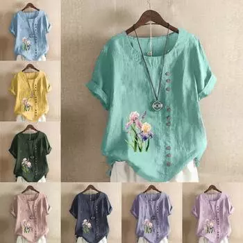 Женская модная футболка с круглым вырезом и коротким рукавом, повседневная хлопковая льняная рубашка с рисунком, свободные летние блузки с принтом цветов и растений для отдыха, топы S розовый