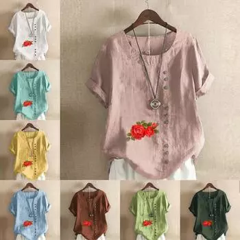 Женская модная футболка с круглым вырезом и коротким рукавом с принтом роз, повседневная рубашка из хлопка и льна с рисунком, свободная летняя блузка для отдыха, топы S розовый