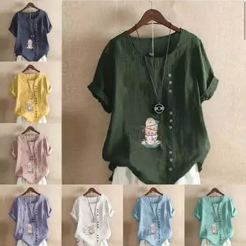 Женская модная футболка с круглым вырезом и коротким рукавом, повседневная хлопковая льняная рубашка с рисунком, свободная, цветная, с принтом, летняя блузка, топы, большие размеры S розовый