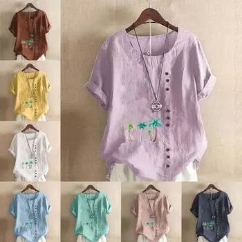 Женская модная футболка с круглым вырезом и коротким рукавом, повседневная рубашка из хлопка и льна с рисунком, свободная летняя блузка с принтом кокосовой пальмы, топы S розовый