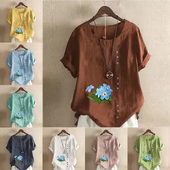 Женская модная футболка с круглым вырезом и коротким рукавом, повседневная рубашка из хлопка и льна с рисунком, свободная летняя блузка с синим цветочным принтом, топы S розовый