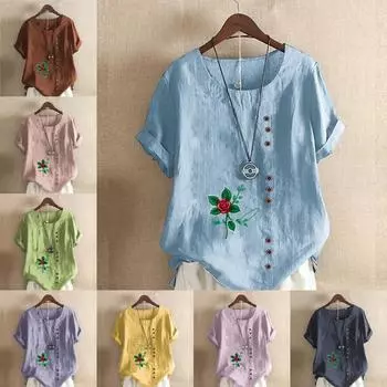 Женская модная футболка с круглым вырезом и коротким рукавом, повседневная хлопковая льняная рубашка с рисунком, летняя блузка с принтом роз, топы больших размеров S розовый