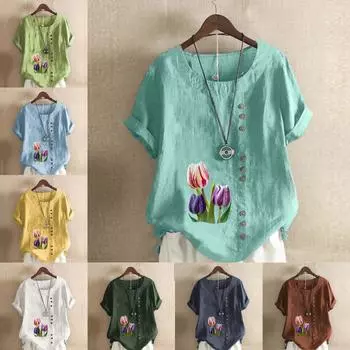 Женская модная футболка с круглым вырезом и коротким рукавом, повседневная хлопково-льняная рубашка с рисунком, летняя блузка с принтом тюльпанов, топы S розовый