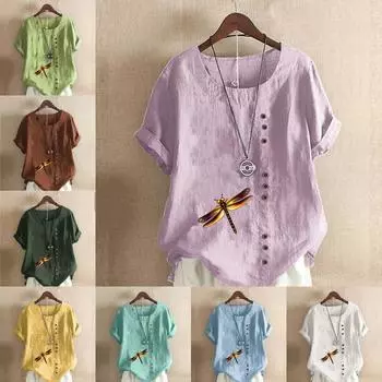 Женская модная футболка с круглым вырезом и короткими рукавами с принтом стрекозы, повседневная хлопково-льняная рубашка с рисунком, свободная летняя блузка для отдыха, топы S розовый