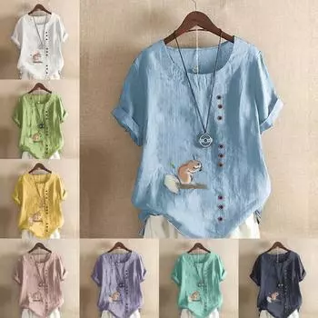 Женская модная футболка с круглым вырезом и коротким рукавом, повседневная рубашка из хлопка и льна с рисунком, свободная летняя блузка с принтом белки, топы S розовый