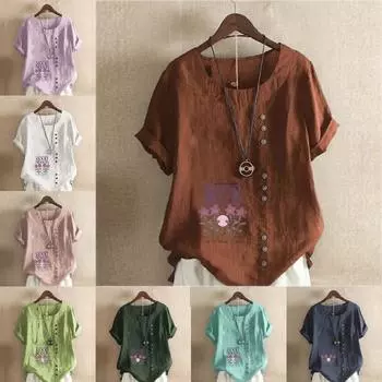 Женская модная футболка с круглым вырезом и коротким рукавом, повседневная хлопковая льняная рубашка с графическим принтом, летние блузки с принтом в виде букв и цветов S розовый