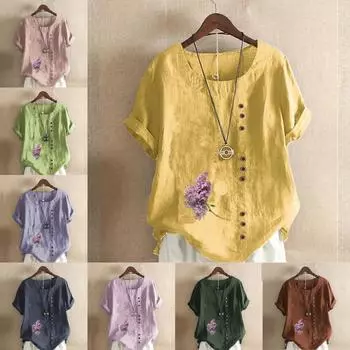 Женская модная футболка с круглым вырезом и коротким рукавом, повседневная хлопковая льняная рубашка с рисунком, свободная летняя блузка с розовым цветочным принтом, топы S розовый