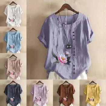 Женская модная футболка с круглым вырезом и коротким рукавом, повседневная рубашка из хлопка и льна с рисунком, свободная летняя блузка с принтом лотоса, топы S розовый