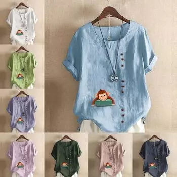 Женская модная футболка с круглым вырезом и коротким рукавом с принтом обезьяны, повседневная рубашка из хлопка и льна с рисунком, свободная летняя блузка для отдыха, топы S розовый