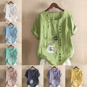 Женская модная футболка с круглым вырезом и короткими рукавами с принтом кота, повседневная хлопково-льняная рубашка с рисунком, свободная летняя блузка для отдыха, топы S розовый