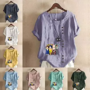 Женская модная футболка с круглым вырезом и короткими рукавами с принтом героев мультфильмов, повседневная хлопково-льняная рубашка с рисунком, свободная летняя блузка для отдыха, топы S розовый