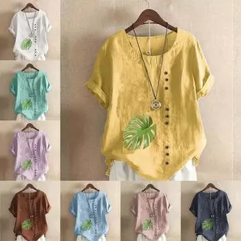 Женская модная футболка с круглым вырезом и коротким рукавом, повседневная рубашка из хлопка и льна с рисунком, свободная летняя блузка с принтом зеленых листьев, топы S розовый