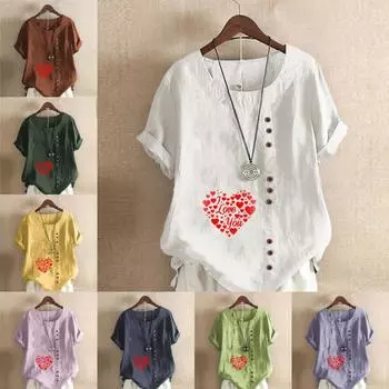 Женская модная футболка с круглым вырезом и коротким рукавом, повседневная хлопковая льняная рубашка с рисунком, свободная летняя блузка с принтом в форме сердца для отдыха, топы S розовый