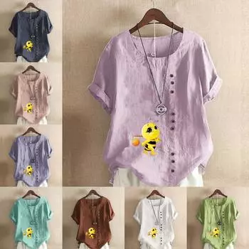 Женская модная футболка с круглым вырезом и коротким рукавом с принтом пчелы, повседневная рубашка из хлопка и льна с рисунком, свободная летняя блузка для отдыха, топы S розовый