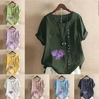 Женская модная футболка с круглым вырезом и коротким рукавом, повседневная хлопковая льняная рубашка с рисунком, свободная фиолетовая блузка с принтом в виде цветка-трубы, летняя блузка, топы S розовый