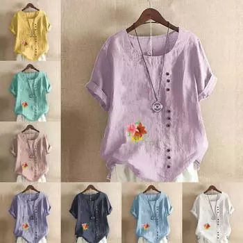 Женская модная футболка с круглым вырезом и коротким рукавом, повседневная хлопковая льняная рубашка с графическим принтом, свободная летняя блузка с цветочным принтом, топы S розовый