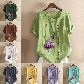 Женская модная футболка с круглым вырезом и коротким рукавом, повседневная хлопково-льняная рубашка с рисунком, свободная летняя блузка с лавандовым принтом для отдыха, топы S розовый