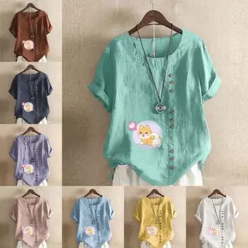 Женская модная футболка с круглым вырезом и коротким рукавом с принтом милой собаки, повседневная рубашка из хлопка и льна с рисунком, свободная летняя блузка для отдыха, топы S розовый