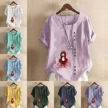 Женская модная футболка с круглым вырезом и коротким рукавом, повседневная хлопковая льняная рубашка с рисунком, свободная, красивая летняя блузка с принтом для мальчиков, топы S розовый