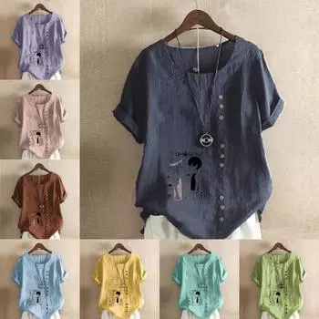 Женская модная футболка с круглым вырезом и коротким рукавом, повседневная хлопковая льняная рубашка с рисунком, летняя блузка с принтом для двух маленьких мальчиков, топы больших размеров S розовый