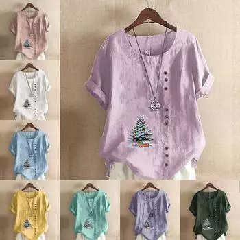 Женская модная футболка с круглым вырезом и коротким рукавом, повседневная рубашка из хлопка и льна с рисунком, свободная летняя блузка с рисунком «дерево», топы S розовый
