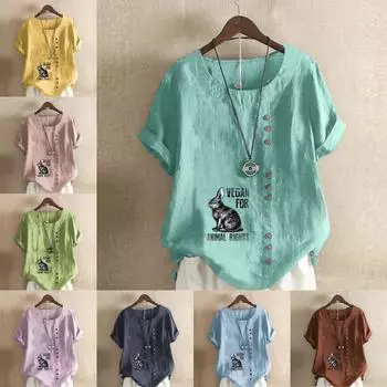 Женская модная футболка с круглым вырезом и коротким рукавом с милым принтом кролика, повседневная рубашка из хлопка и льна с рисунком, свободная летняя блузка для отдыха, топы S розовый