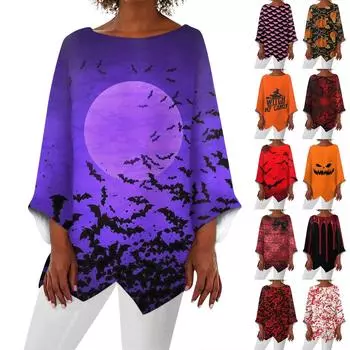 Женская модная футболка с круглым вырезом и нерегулярным подолом с рукавом девять четвертей на Хэллоуин M киноварь