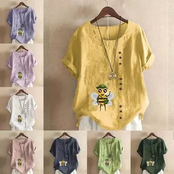 Женская модная футболка с круглым вырезом и коротким рукавом, повседневная рубашка из хлопка и льна с принтом, свободная летняя блузка с принтом медоносной пчелы, топы S розовый