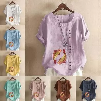 Женская модная футболка с круглым вырезом и коротким рукавом с рыбным принтом, повседневная хлопково-льняная рубашка с рисунком, свободная летняя блузка для отдыха, топы S розовый