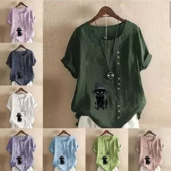 Женская модная футболка с круглым вырезом и коротким рукавом, повседневная хлопково-льняная рубашка с рисунком, свободная летняя блузка с принтом кота для отдыха, топы S розовый