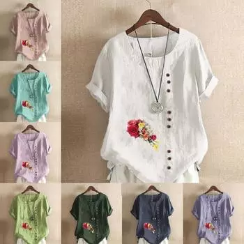 Женская модная футболка с круглым вырезом и коротким рукавом, повседневная рубашка из хлопка и льна с рисунком, свободная летняя блузка с принтом в виде фиолетового букета цветов S розовый