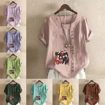 Женская модная футболка с круглым вырезом и коротким рукавом, повседневная хлопковая льняная рубашка с рисунком, свободная мужская летняя блузка с принтом, топы S розовый