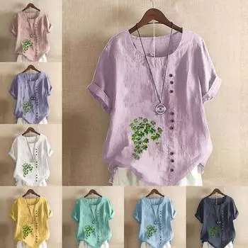 Женская модная футболка с круглым вырезом и коротким рукавом, повседневная рубашка из хлопка и льна с рисунком, свободная летняя блузка с принтом зеленых растений, топы S розовый