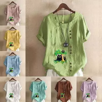 Женская модная футболка с круглым вырезом и коротким рукавом, повседневная хлопково-льняная рубашка с рисунком, свободная летняя блузка с принтом кота для отдыха, топы S розовый