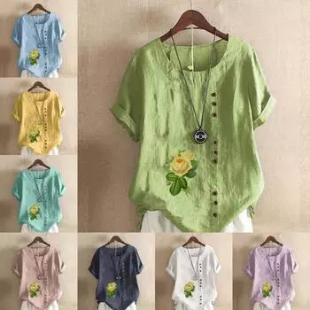 Женская модная футболка с круглым вырезом и коротким рукавом, повседневная хлопковая льняная рубашка с рисунком, летняя блузка с принтом роз, топы больших размеров S розовый