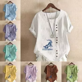 Женская модная футболка с круглым вырезом и коротким рукавом, повседневная рубашка из хлопка и льна с рисунком, свободная летняя блузка с принтом из овечьей шерсти, топы S розовый