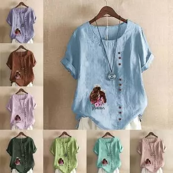 Женская модная футболка с круглым вырезом и короткими рукавами с принтом для девочек, повседневная хлопково-льняная рубашка с рисунком, свободная летняя блузка для отдыха, топы S розовый