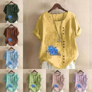 Женская модная футболка с круглым вырезом и коротким рукавом с синим цветочным принтом, повседневная рубашка из хлопка и льна с графическим принтом, свободная летняя блузка для отдыха, топы S розовый