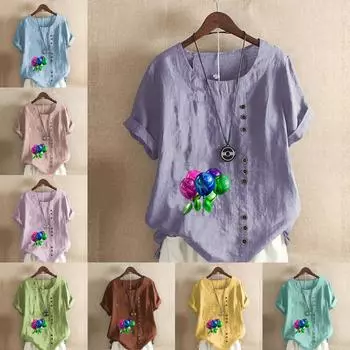 Женская модная футболка с круглым вырезом и коротким рукавом, повседневная хлопковая льняная рубашка с графическим принтом, летняя блузка с принтом воздушных шаров, топы больших размеров S розовый