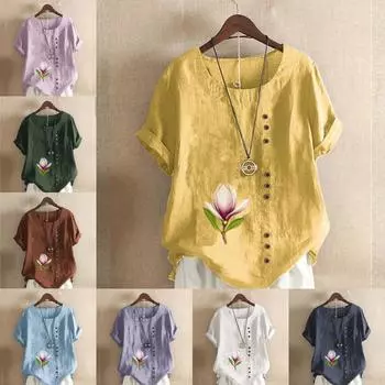 Женская модная футболка с круглым вырезом и короткими рукавами с принтом тюльпанов, повседневная хлопково-льняная рубашка с рисунком, свободная летняя блузка для отдыха, топы S розовый