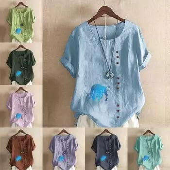 Женская модная футболка с круглым вырезом и коротким рукавом с принтом в виде крупного рогатого скота, повседневная рубашка из хлопка и льна с рисунком, свободная летняя блузка для отдыха, топы S розовый