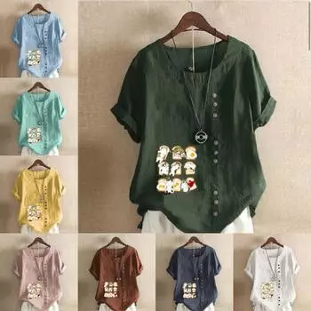 Женская модная футболка с круглым вырезом и коротким рукавом, повседневная хлопковая льняная рубашка с рисунком, свободная летняя блузка с милым мультяшным котом для отдыха, топы S розовый