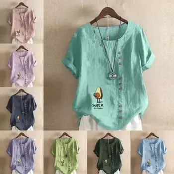 Женская модная футболка с круглым вырезом и короткими рукавами с авокадо и гуманоидным принтом, повседневная хлопково-льняная рубашка с рисунком, свободная летняя блузка для отдыха, топы S розовый