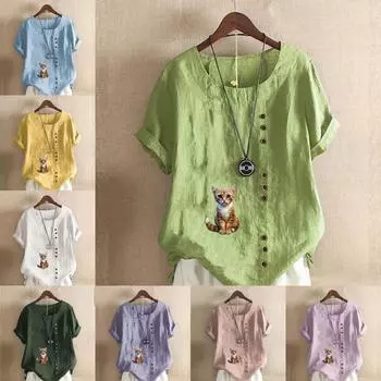 Женская модная футболка с круглым вырезом и коротким рукавом, повседневная хлопково-льняная рубашка с рисунком, свободная летняя блузка с принтом кота для отдыха, топы S розовый