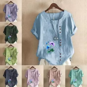 Женская модная футболка с круглым вырезом и коротким рукавом, повседневная хлопковая льняная рубашка с графическим принтом, свободная летняя блузка с цветочным принтом, топы S розовый