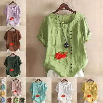 Женская модная футболка с круглым вырезом и коротким рукавом, повседневная рубашка из хлопка и льна с рисунком, свободная летняя блузка с принтом роз, топы S розовый