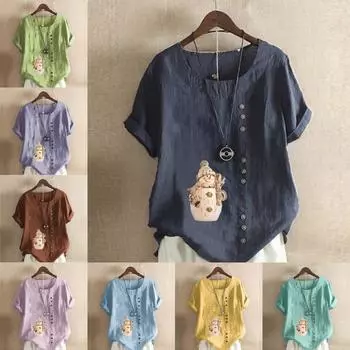 Женская модная футболка с круглым вырезом и коротким рукавом, повседневная рубашка из хлопка и льна с рисунком, свободная летняя блузка с принтом «Снеговик», топы S розовый