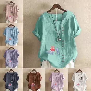 Женская модная футболка с круглым вырезом и коротким рукавом, повседневная рубашка из хлопка и льна с рисунком, свободная летняя блузка для отдыха с принтом для серфинга, топы больших размеров S розовый